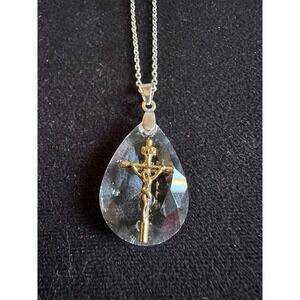 Religious Teardrop Prism Necklace 20" Adjustable Jesus‎ Cross Gold Tone